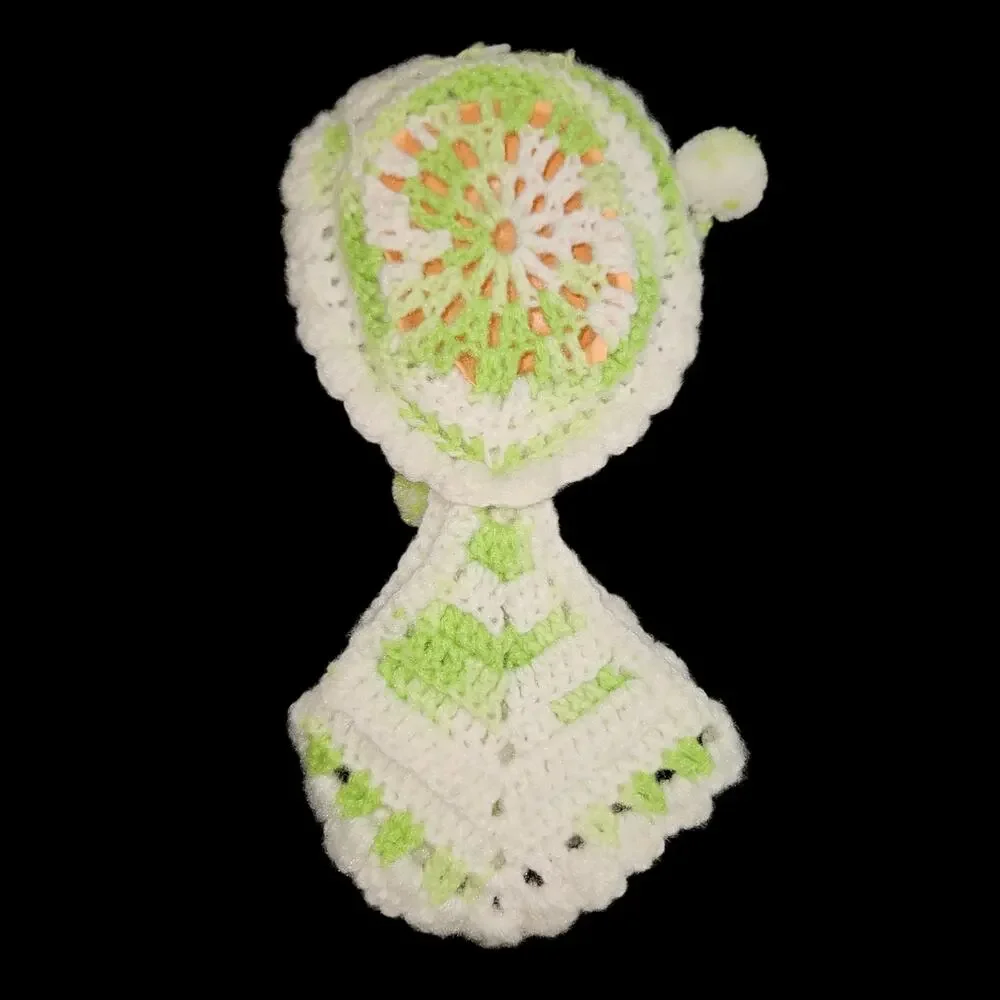 Vintage Crochet Doll Potholder Set Handmade White Green Kitchen Decor 3 Pc